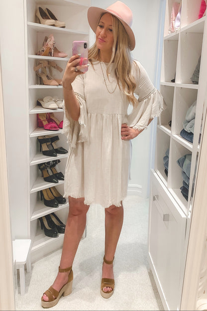 PinkBlush Beige Raw Edge Bell Sleeve Babydoll Dress