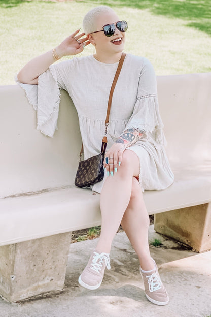 PinkBlush Beige Raw Edge Bell Sleeve Babydoll Dress