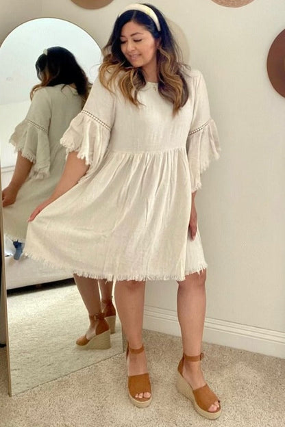 PinkBlush Beige Raw Edge Bell Sleeve Babydoll Dress