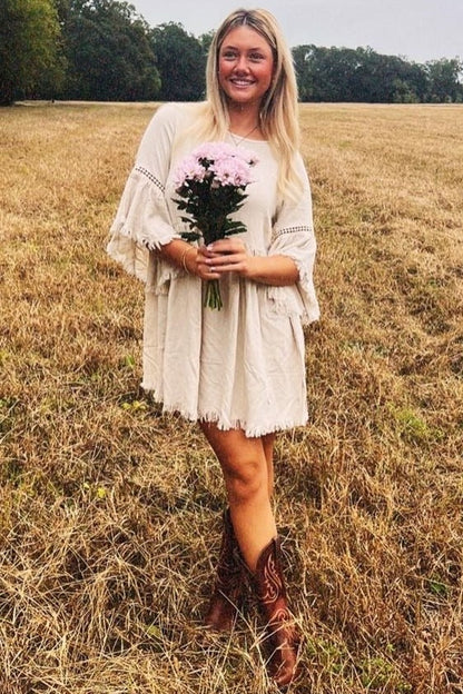 PinkBlush Beige Raw Edge Bell Sleeve Babydoll Dress