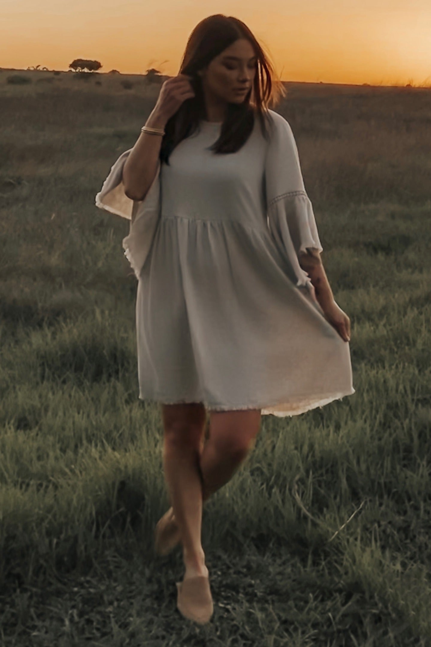 PinkBlush Beige Raw Edge Bell Sleeve Babydoll Dress