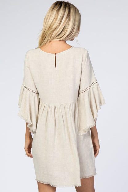 PinkBlush Beige Raw Edge Bell Sleeve Babydoll Dress