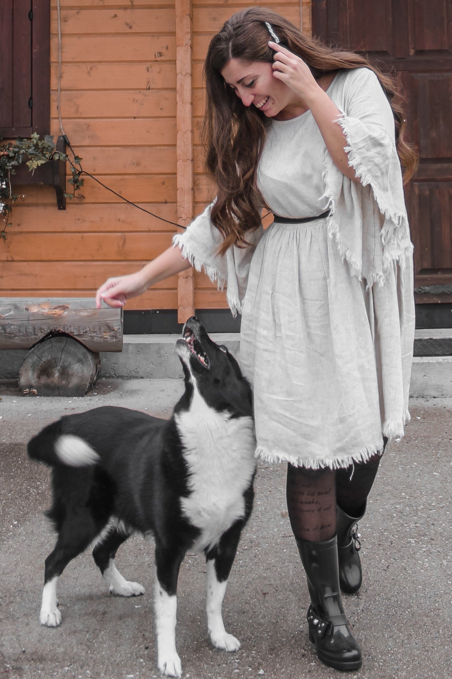 PinkBlush Beige Raw Edge Bell Sleeve Babydoll Dress