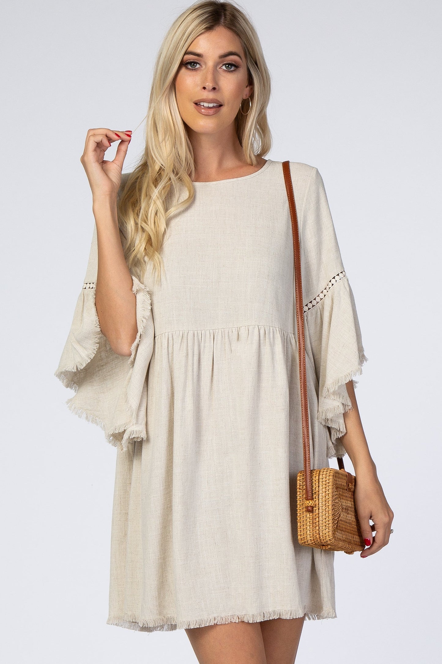 PinkBlush Beige Raw Edge Bell Sleeve Babydoll Dress