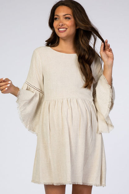 PinkBlush Beige Raw Edge Bell Sleeve Babydoll Maternity Dress