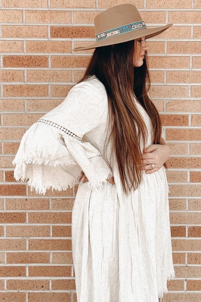 PinkBlush Beige Raw Edge Bell Sleeve Babydoll Maternity Dress