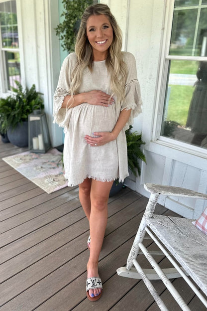 PinkBlush Beige Raw Edge Bell Sleeve Babydoll Maternity Dress