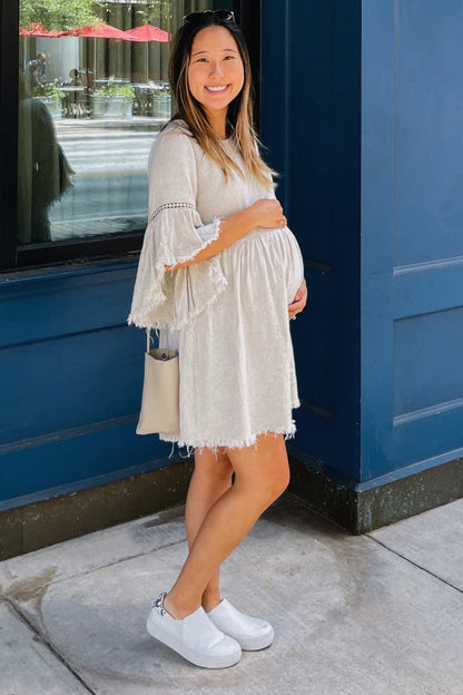 PinkBlush Beige Raw Edge Bell Sleeve Babydoll Maternity Dress