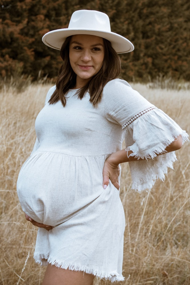 PinkBlush Beige Raw Edge Bell Sleeve Babydoll Maternity Dress