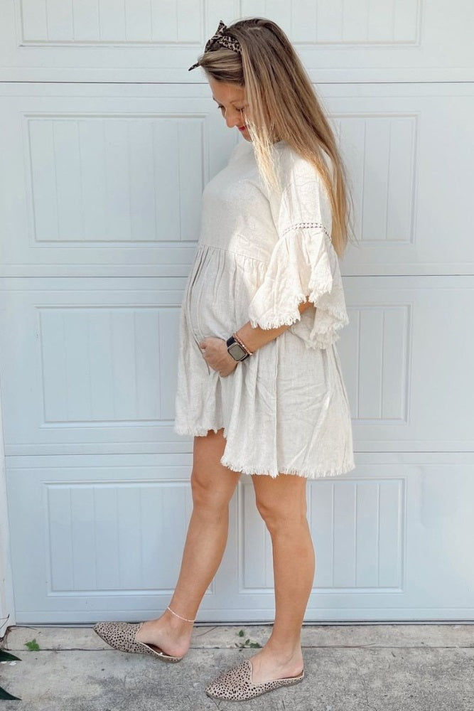 PinkBlush Beige Raw Edge Bell Sleeve Babydoll Maternity Dress
