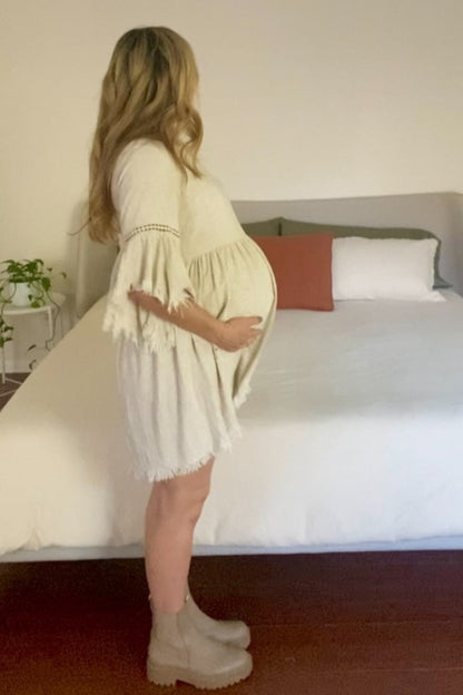 PinkBlush Beige Raw Edge Bell Sleeve Babydoll Maternity Dress