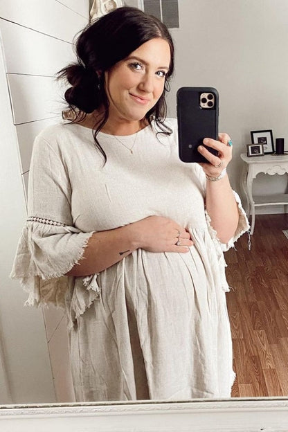PinkBlush Beige Raw Edge Bell Sleeve Babydoll Maternity Dress