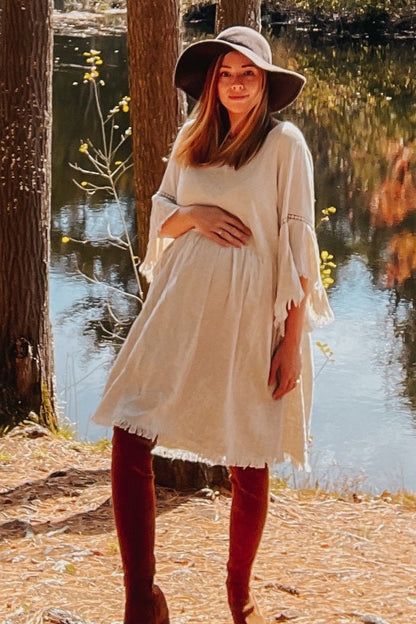 PinkBlush Beige Raw Edge Bell Sleeve Babydoll Maternity Dress
