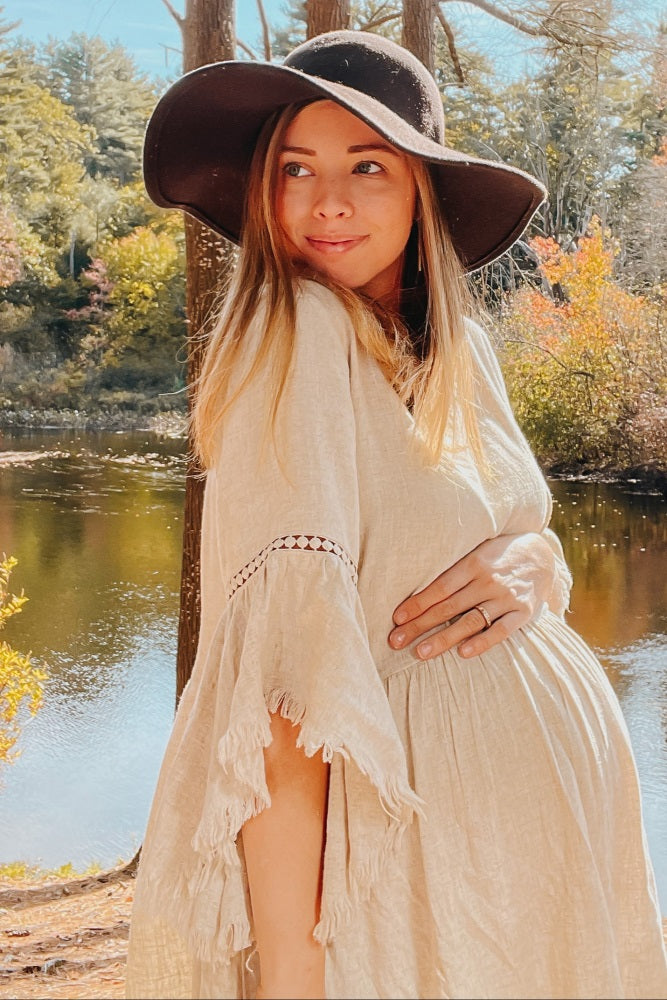 PinkBlush Beige Raw Edge Bell Sleeve Babydoll Maternity Dress