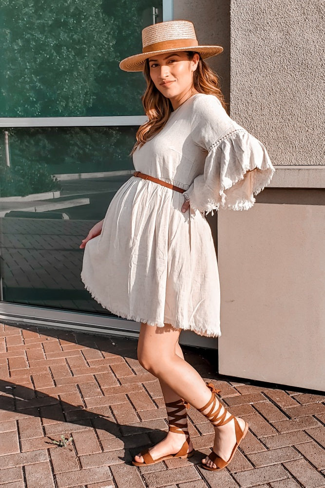 PinkBlush Beige Raw Edge Bell Sleeve Babydoll Maternity Dress