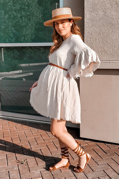 PinkBlush Beige Raw Edge Bell Sleeve Babydoll Maternity Dress