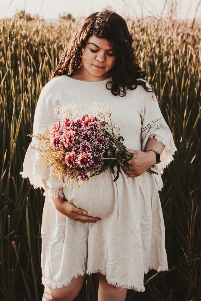 PinkBlush Beige Raw Edge Bell Sleeve Babydoll Maternity Dress