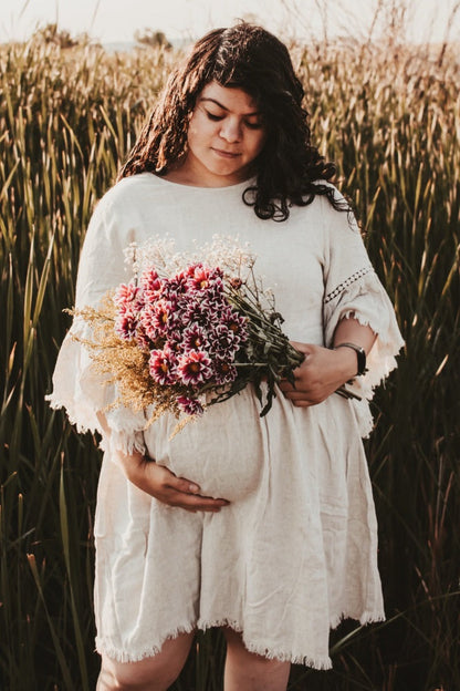 PinkBlush Beige Raw Edge Bell Sleeve Babydoll Maternity Dress