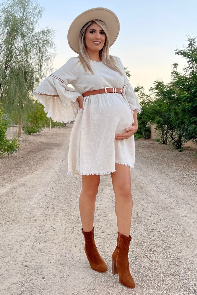 PinkBlush Beige Raw Edge Bell Sleeve Babydoll Maternity Dress