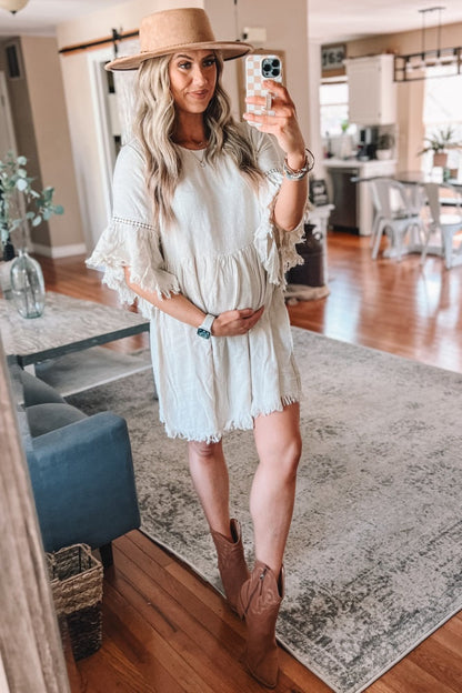 PinkBlush Beige Raw Edge Bell Sleeve Babydoll Maternity Dress