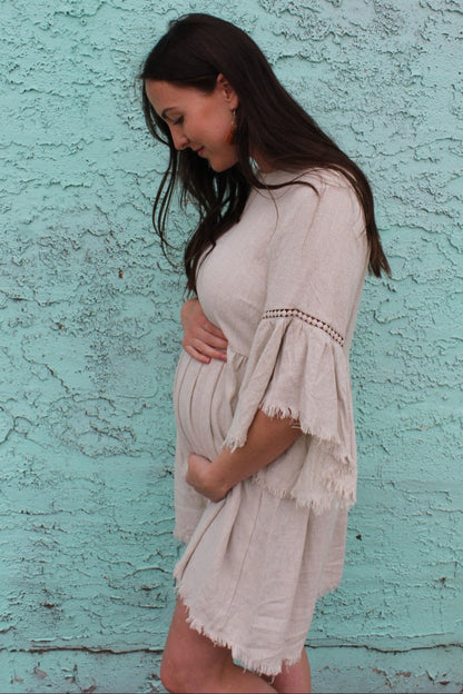 PinkBlush Beige Raw Edge Bell Sleeve Babydoll Maternity Dress
