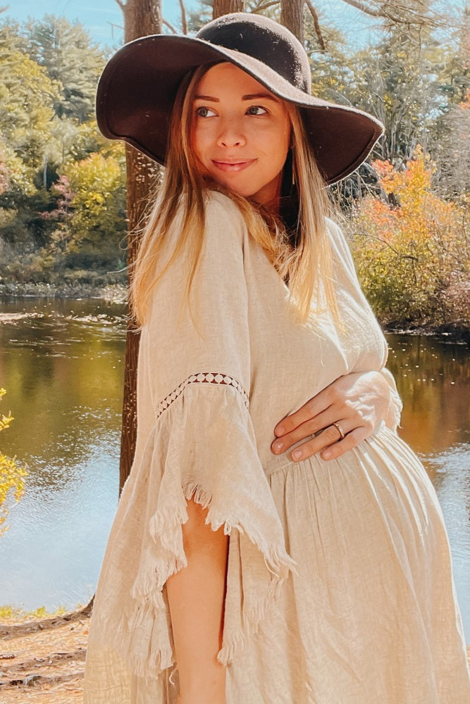 PinkBlush Beige Raw Edge Bell Sleeve Babydoll Maternity Dress