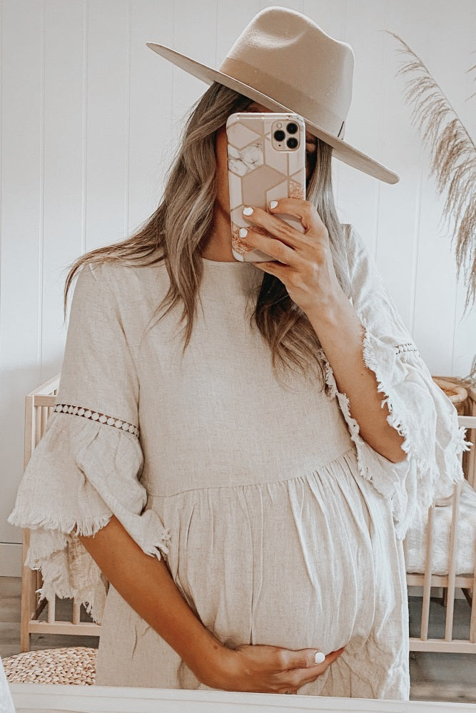 PinkBlush Beige Raw Edge Bell Sleeve Babydoll Maternity Dress