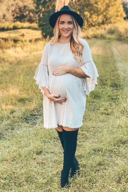 PinkBlush Beige Raw Edge Bell Sleeve Babydoll Maternity Dress