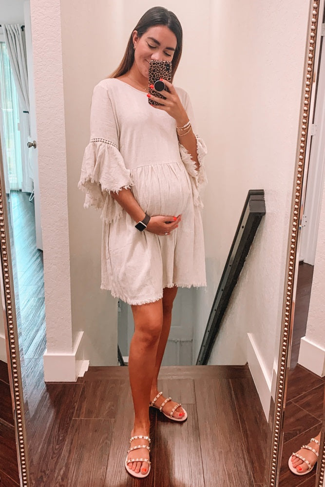PinkBlush Beige Raw Edge Bell Sleeve Babydoll Maternity Dress