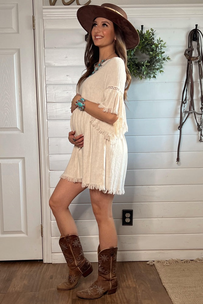 PinkBlush Beige Raw Edge Bell Sleeve Babydoll Maternity Dress