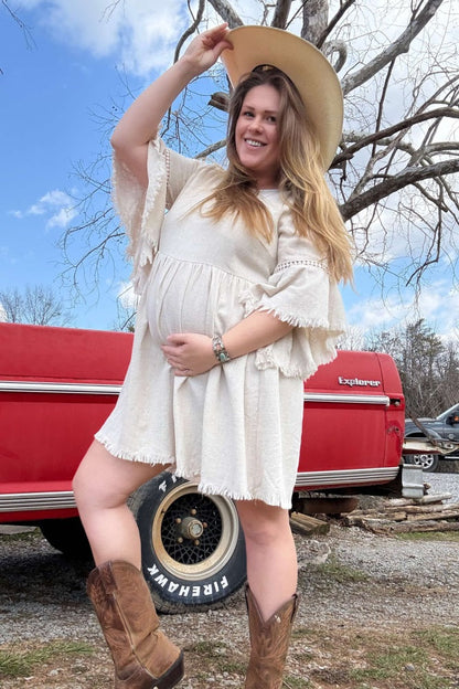 PinkBlush Beige Raw Edge Bell Sleeve Babydoll Maternity Dress