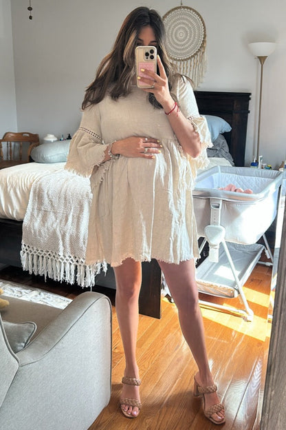 PinkBlush Beige Raw Edge Bell Sleeve Babydoll Maternity Dress