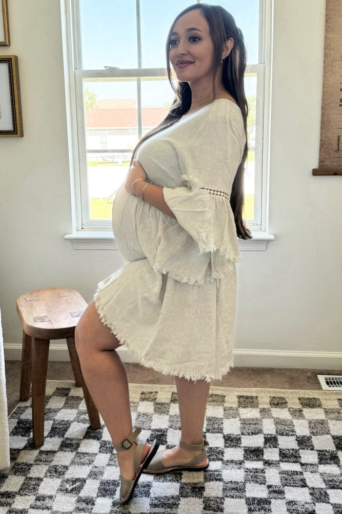 PinkBlush Beige Raw Edge Bell Sleeve Babydoll Maternity Dress