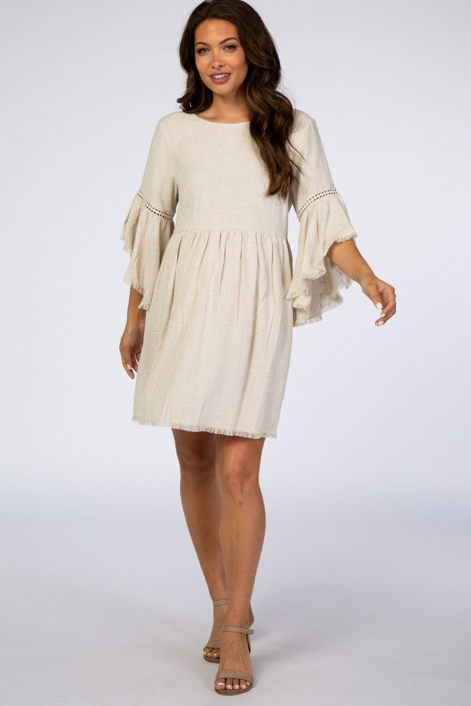PinkBlush Beige Raw Edge Bell Sleeve Babydoll Maternity Dress