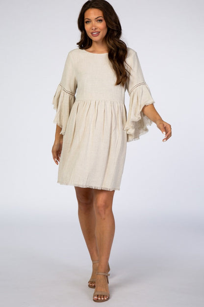 PinkBlush Beige Raw Edge Bell Sleeve Babydoll Maternity Dress