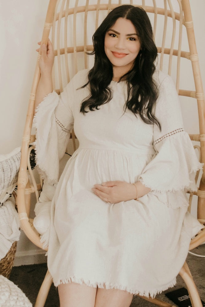 PinkBlush Beige Raw Edge Bell Sleeve Babydoll Maternity Dress