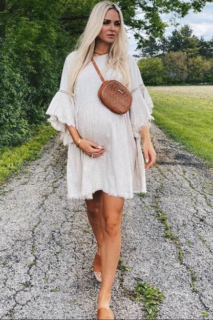 PinkBlush Beige Raw Edge Bell Sleeve Babydoll Maternity Dress