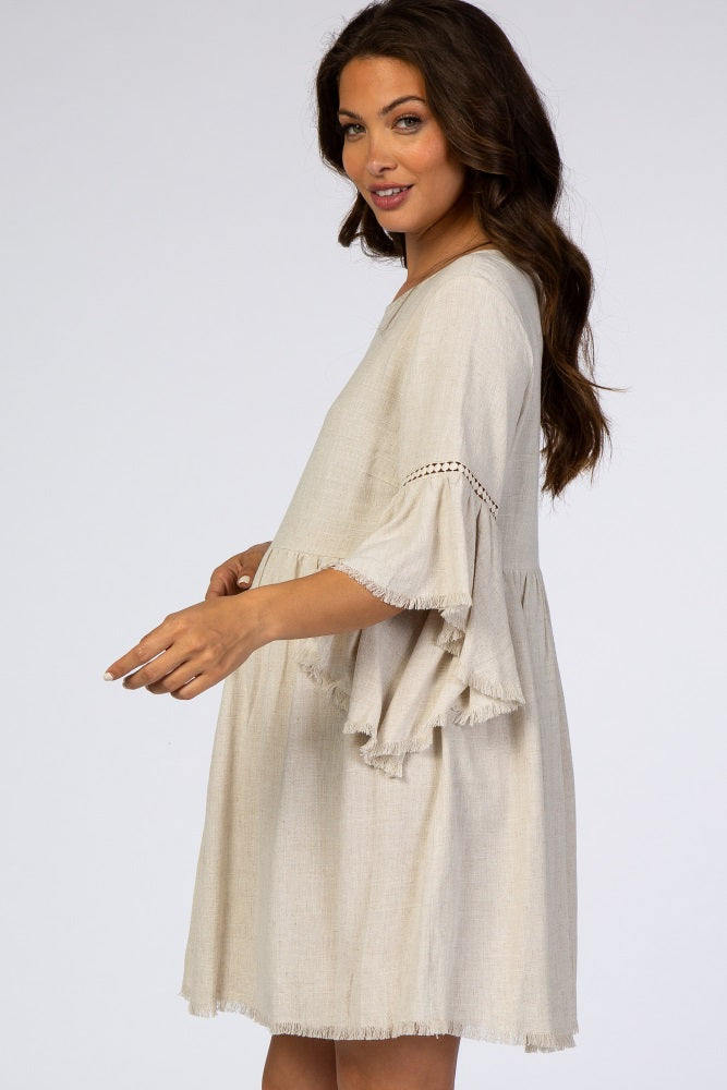 PinkBlush Beige Raw Edge Bell Sleeve Babydoll Maternity Dress