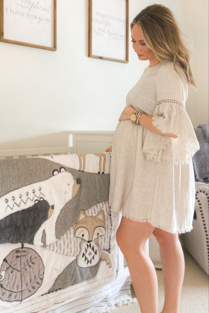 PinkBlush Beige Raw Edge Bell Sleeve Babydoll Maternity Dress
