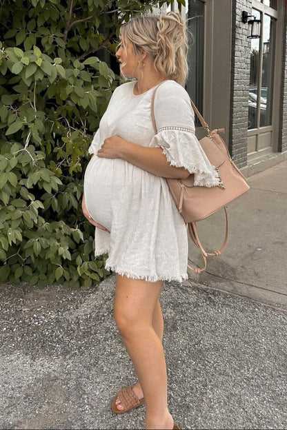 PinkBlush Beige Raw Edge Bell Sleeve Babydoll Maternity Dress