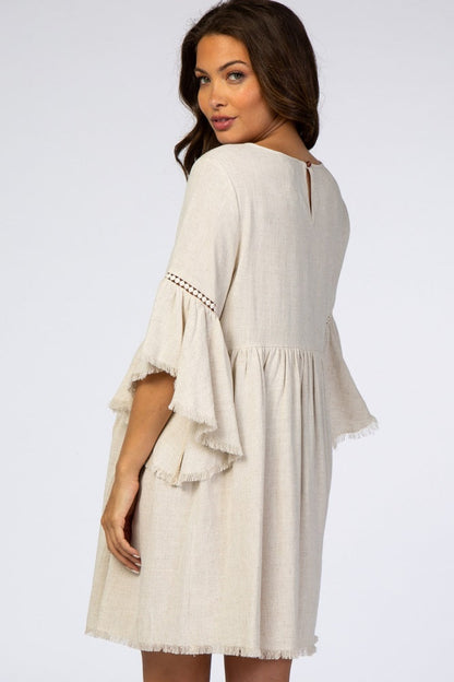 PinkBlush Beige Raw Edge Bell Sleeve Babydoll Maternity Dress