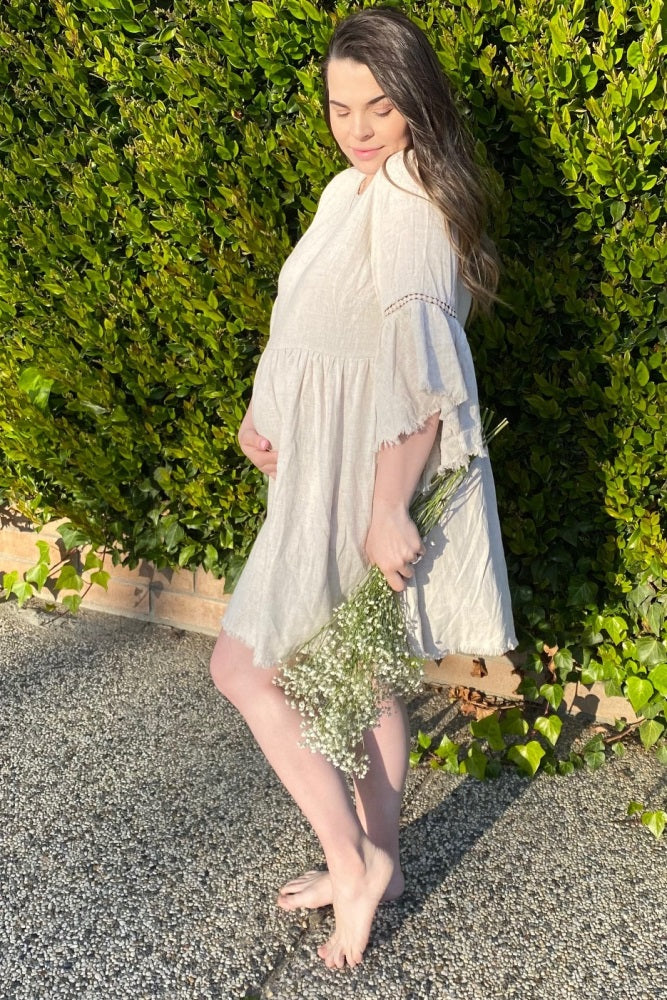 PinkBlush Beige Raw Edge Bell Sleeve Babydoll Maternity Dress