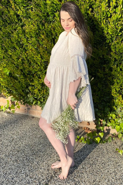 PinkBlush Beige Raw Edge Bell Sleeve Babydoll Maternity Dress