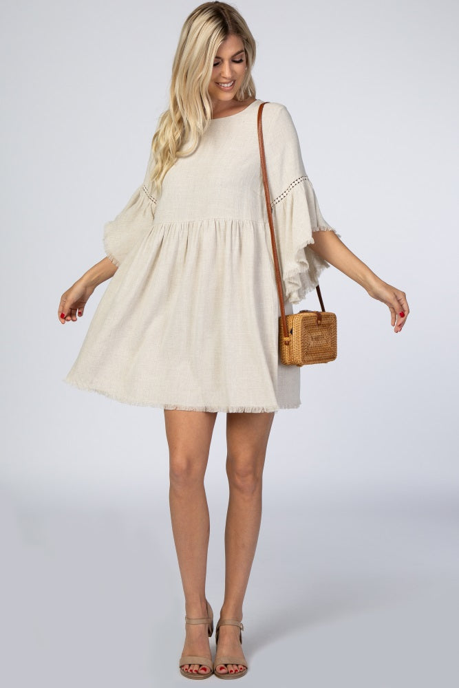 PinkBlush Beige Raw Edge Bell Sleeve Babydoll Maternity Dress