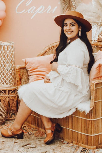 PinkBlush Beige Raw Edge Bell Sleeve Babydoll Maternity Dress