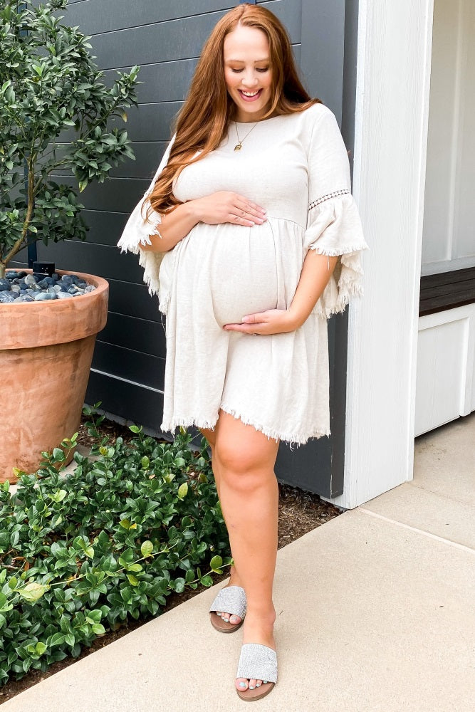PinkBlush Beige Raw Edge Bell Sleeve Babydoll Maternity Dress