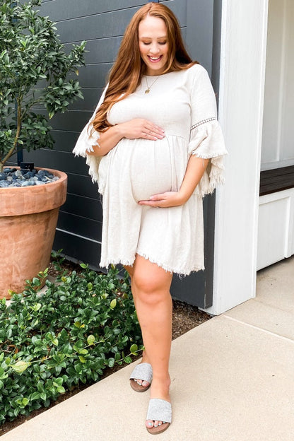 PinkBlush Beige Raw Edge Bell Sleeve Babydoll Maternity Dress