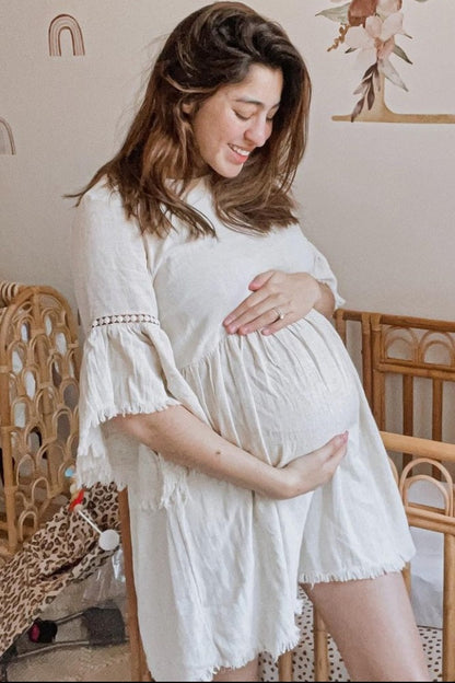 PinkBlush Beige Raw Edge Bell Sleeve Babydoll Maternity Dress