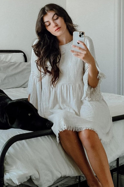 PinkBlush Beige Raw Edge Bell Sleeve Babydoll Maternity Dress