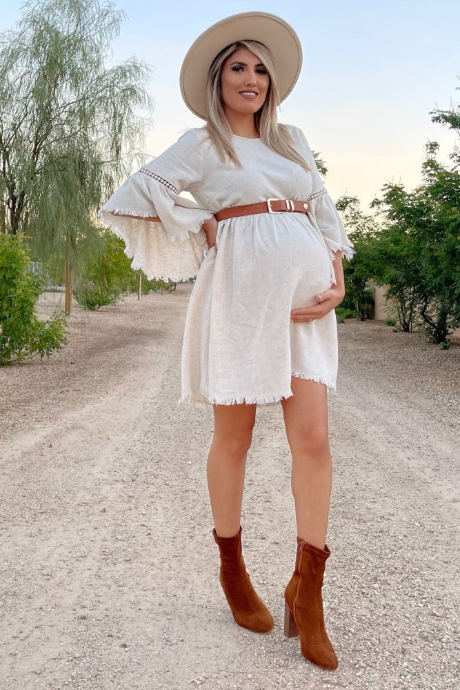 PinkBlush Beige Raw Edge Bell Sleeve Babydoll Maternity Dress